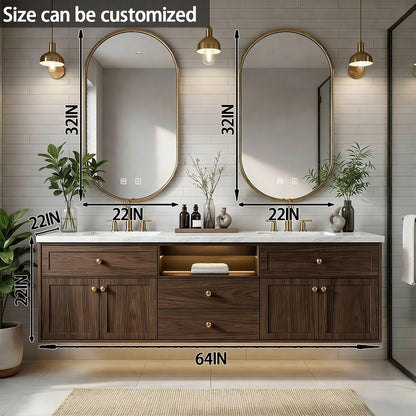 60"-84"Wall Mounted Walnut Bathroom Vanity with Double Sinks & Illuminated Open Shelf