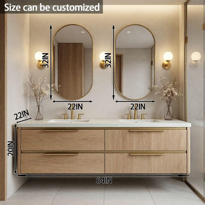 60"-84"Modern Oak Floating Bathroom Vanity with Double Sinks & Gold Oval Mirrors