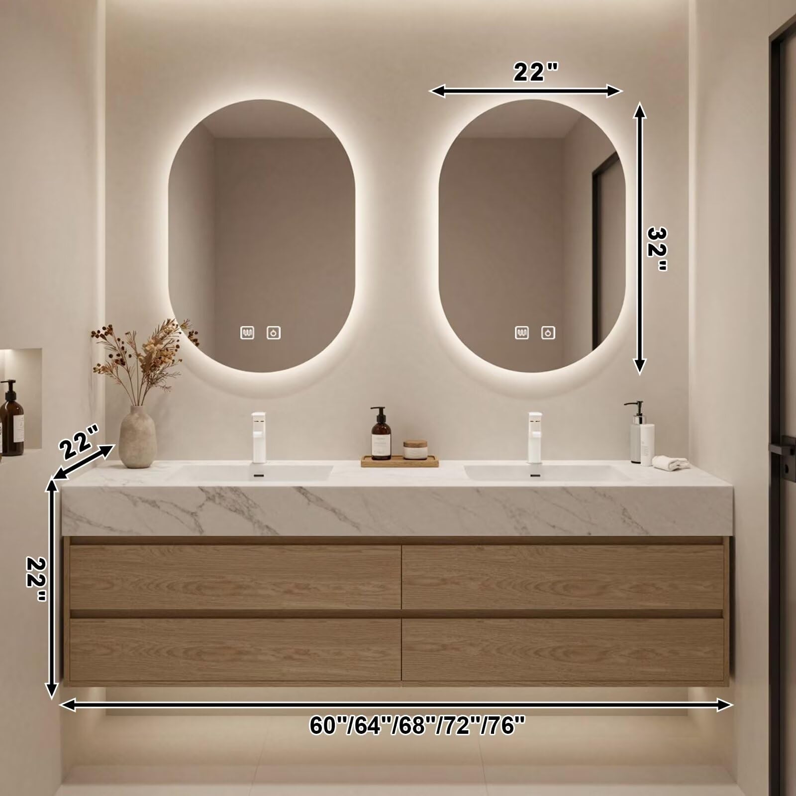 60”-84”Light Wood Floating Bathroom Vanity with Marble Top & Dual LED Mirrors