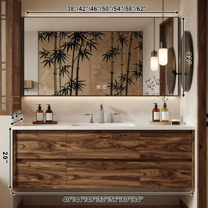 40”-64”Single Sink Floating Bathroom Vanity with LED Backlit Mirror, Walnut Wood Cabinet