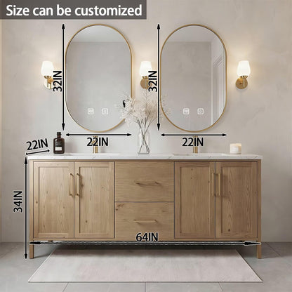 64”-96”Double Sink Freestanding Bathroom Vanity with Gold Oval Mirrors, Light Oak Cabinet