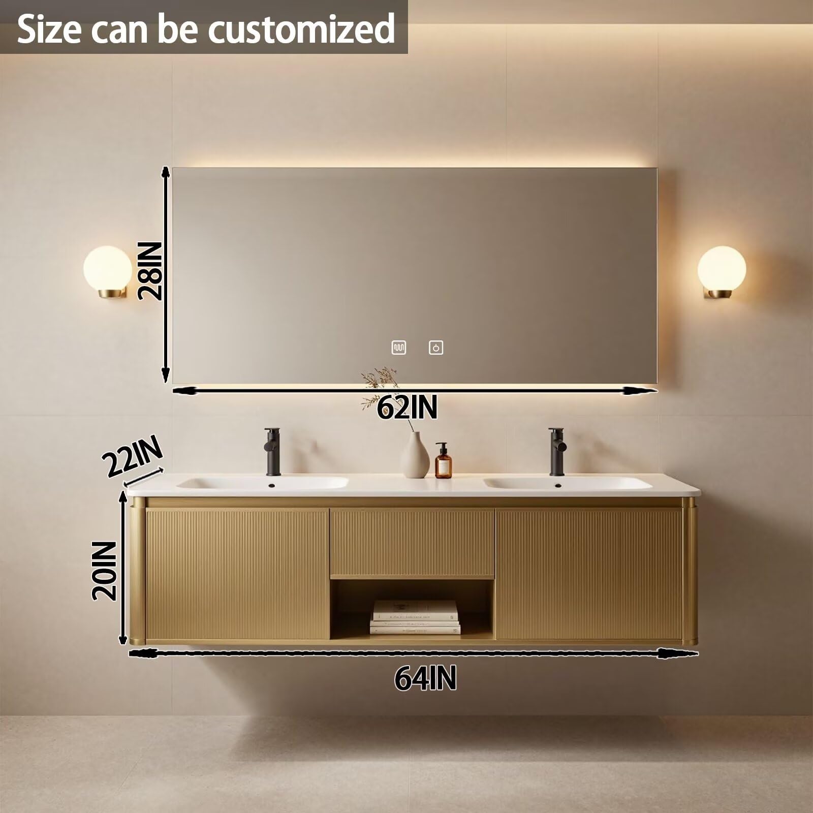 60"-84"Modern Gold Floating Bathroom Vanity Set with Fluted Doors & White Top