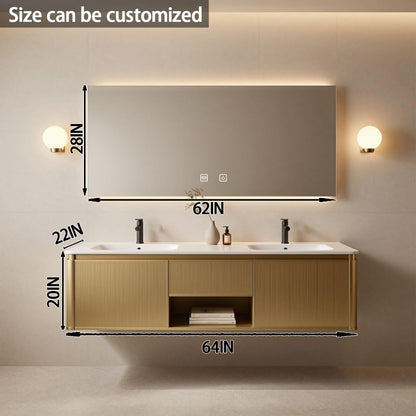 60"-84"Modern Gold Floating Bathroom Vanity Set with Fluted Doors & White Top