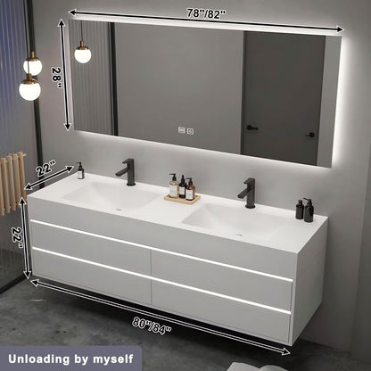 40”-64” Double Sink Floating Bathroom Vanity with LED Backlit Mirror, Wall Mounted White Vanity with Storage Drawers