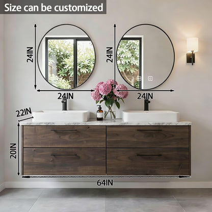 60”-84”Double Sink Floating Bathroom Vanity with Black Round Mirrors, Dark Wood Cabinet & Marble Top