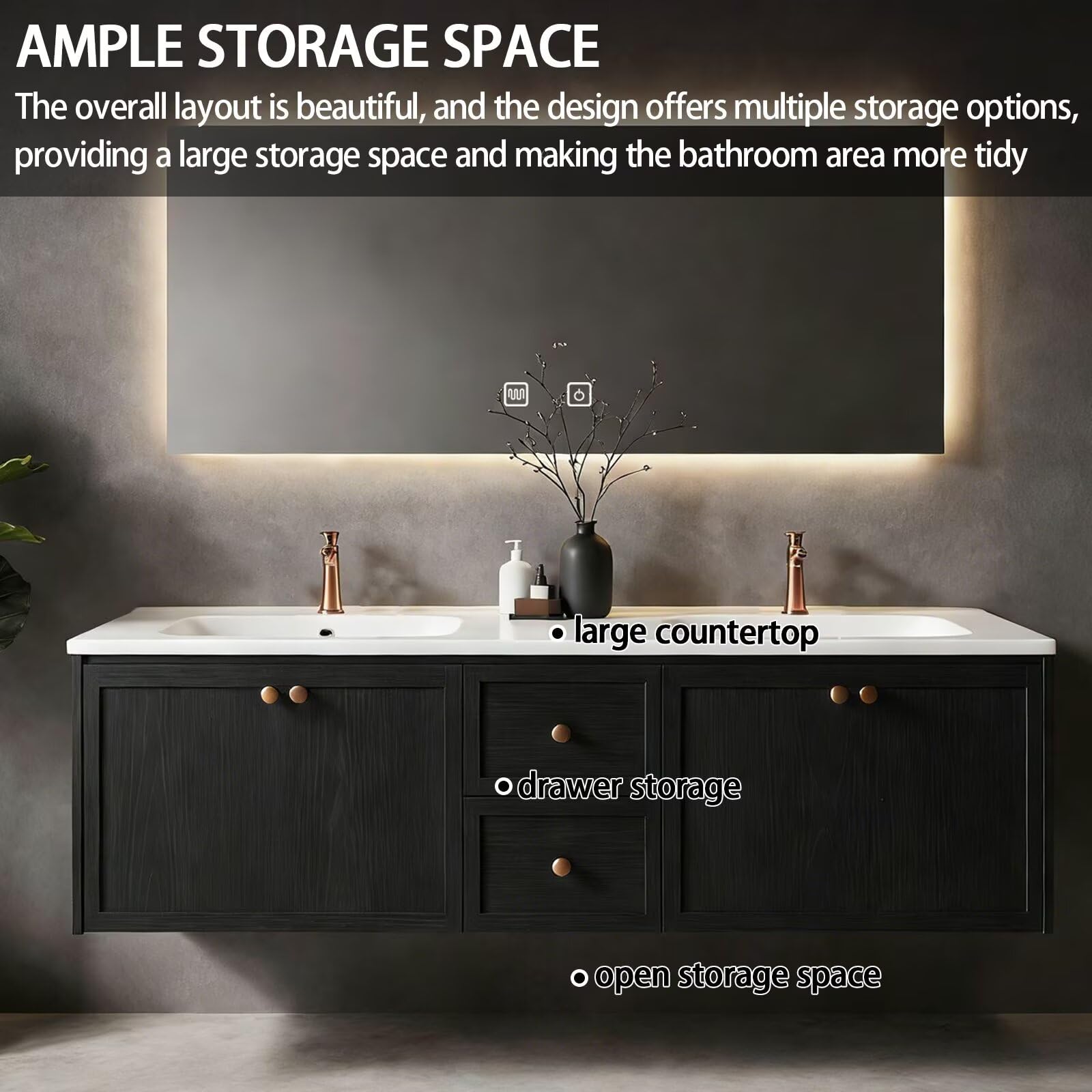 60”-84”Double Sink Floating Bathroom Vanity with LED Mirror, Black Cabinet & Gold Hardware