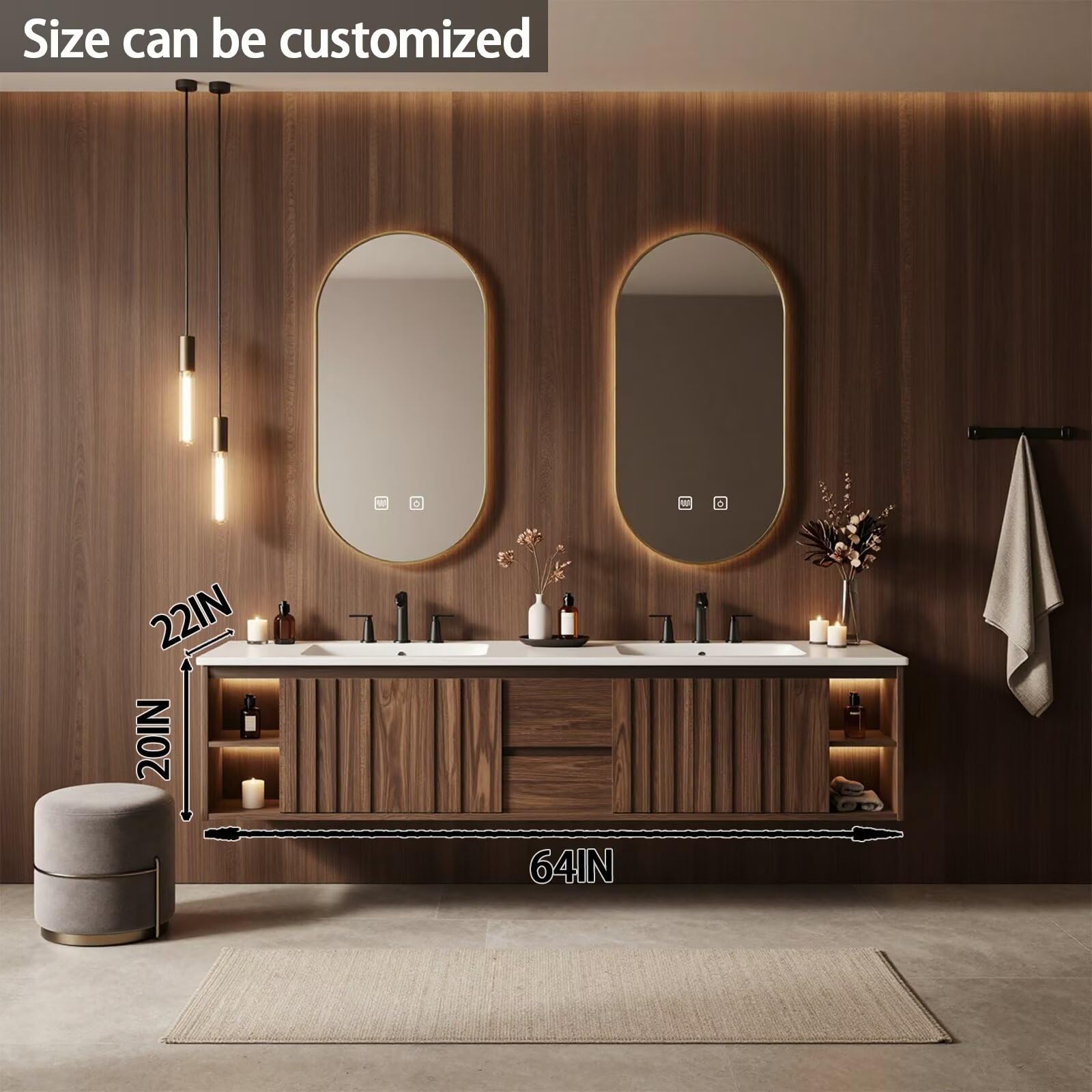60”-84”Double Sink Floating Bathroom Vanity with LED Oval Mirrors, Walnut Fluted Cabinet