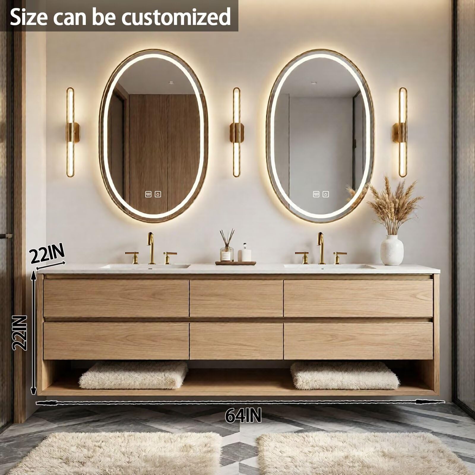 60"-84"Modern Light Wood Bathroom Vanity with Storage Drawers & Dual Smart LED Mirrors