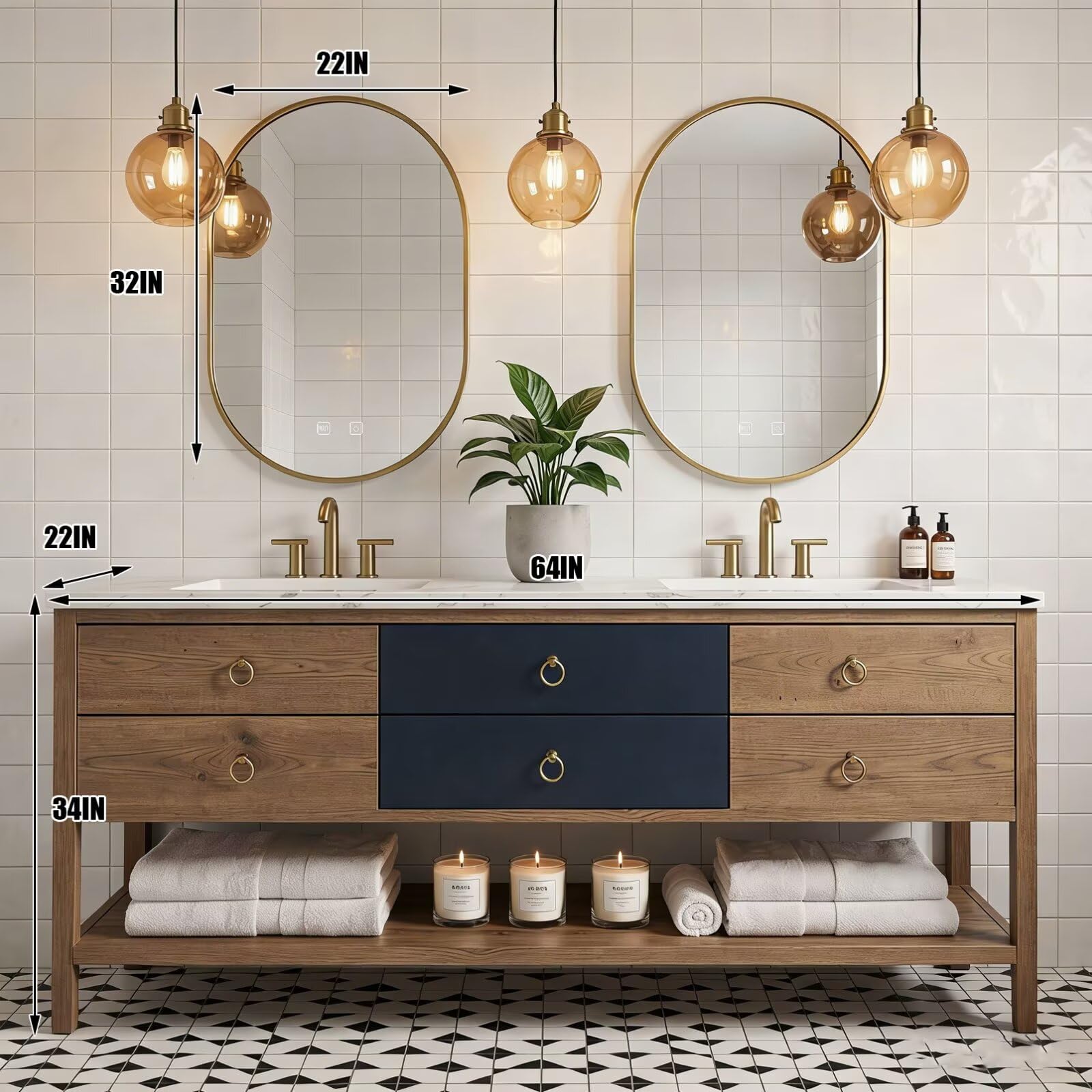 60"-96"Freestanding Bathroom Vanity with Open Shelf & Round Gold Hardware