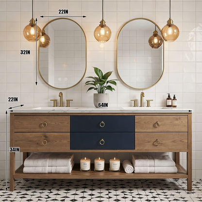 60"-96"Freestanding Bathroom Vanity with Open Shelf & Round Gold Hardware