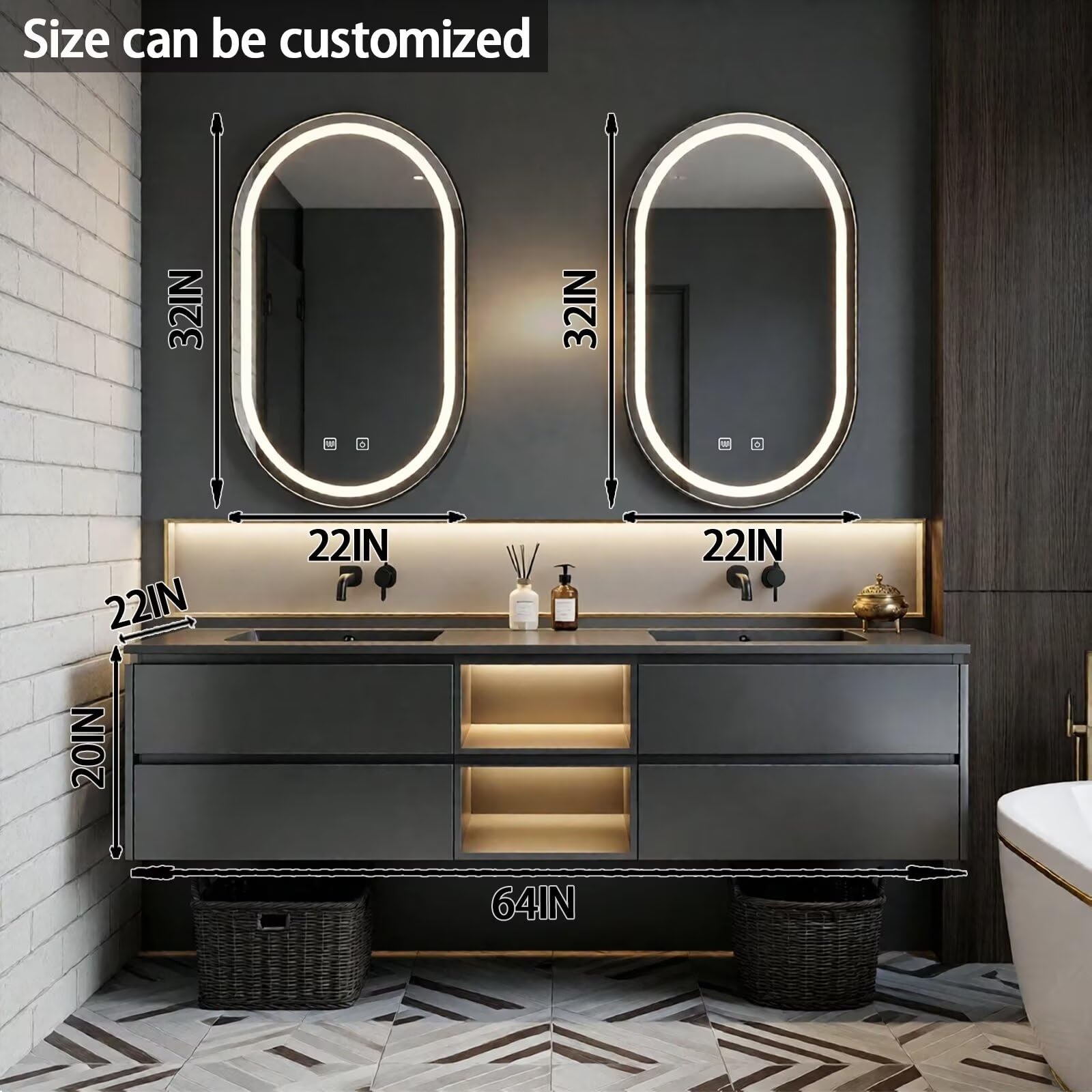 60”-84”Double Sink Floating Bathroom Vanity with LED Oval Mirrors, Dark Gray Cabinet & Gold Accents