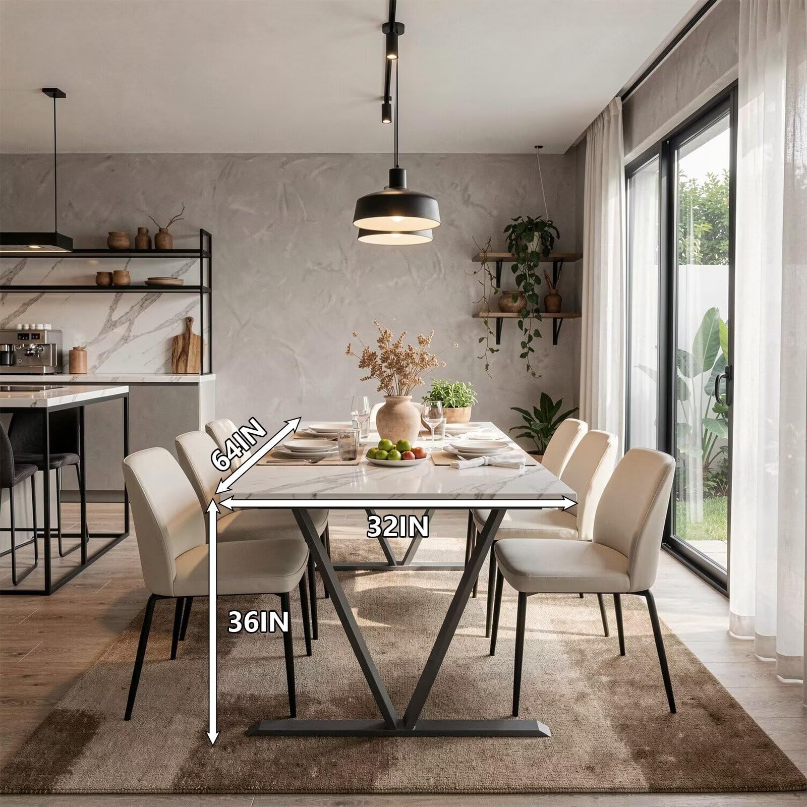 60"-80"Modern Rectangular Dining Table, White Stone Top with Black V-Shaped Metal Base