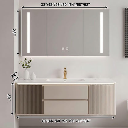 40”-64”Floating Bathroom Vanity with LED Mirror Cabinet, Fluted Light Gray Wall Mounted Vanity with White Top & Gold Hardware
