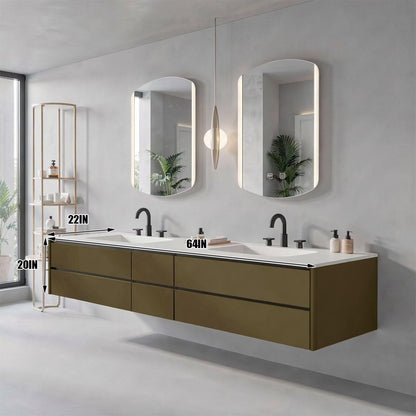 60"-96"Olive Green Floating Bathroom Vanity with Double Sinks & LED Lighted Mirrors