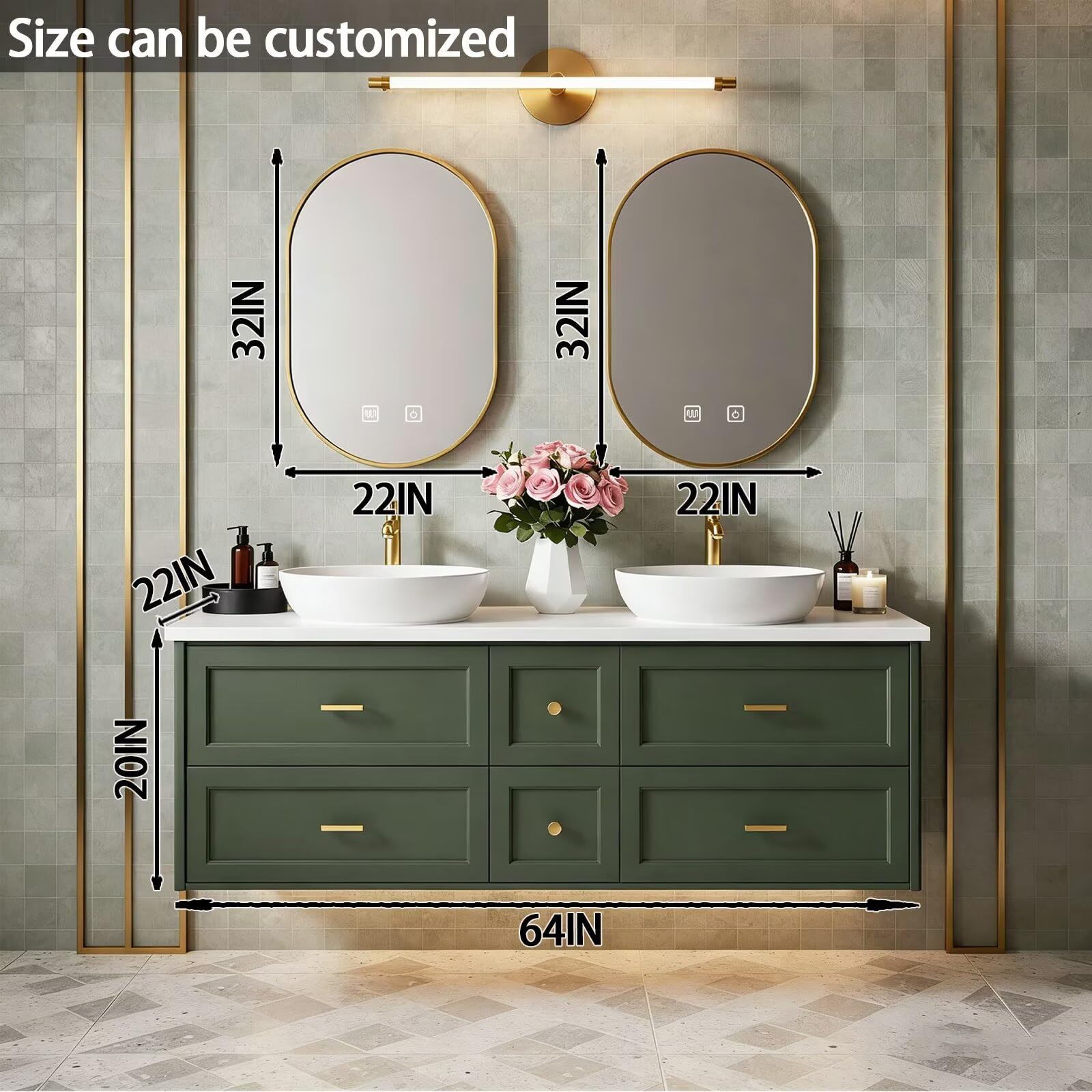 60”-84” Floating Vanity, Sage Green Double Sink Cabinet with Gold Oval LED Mirrors