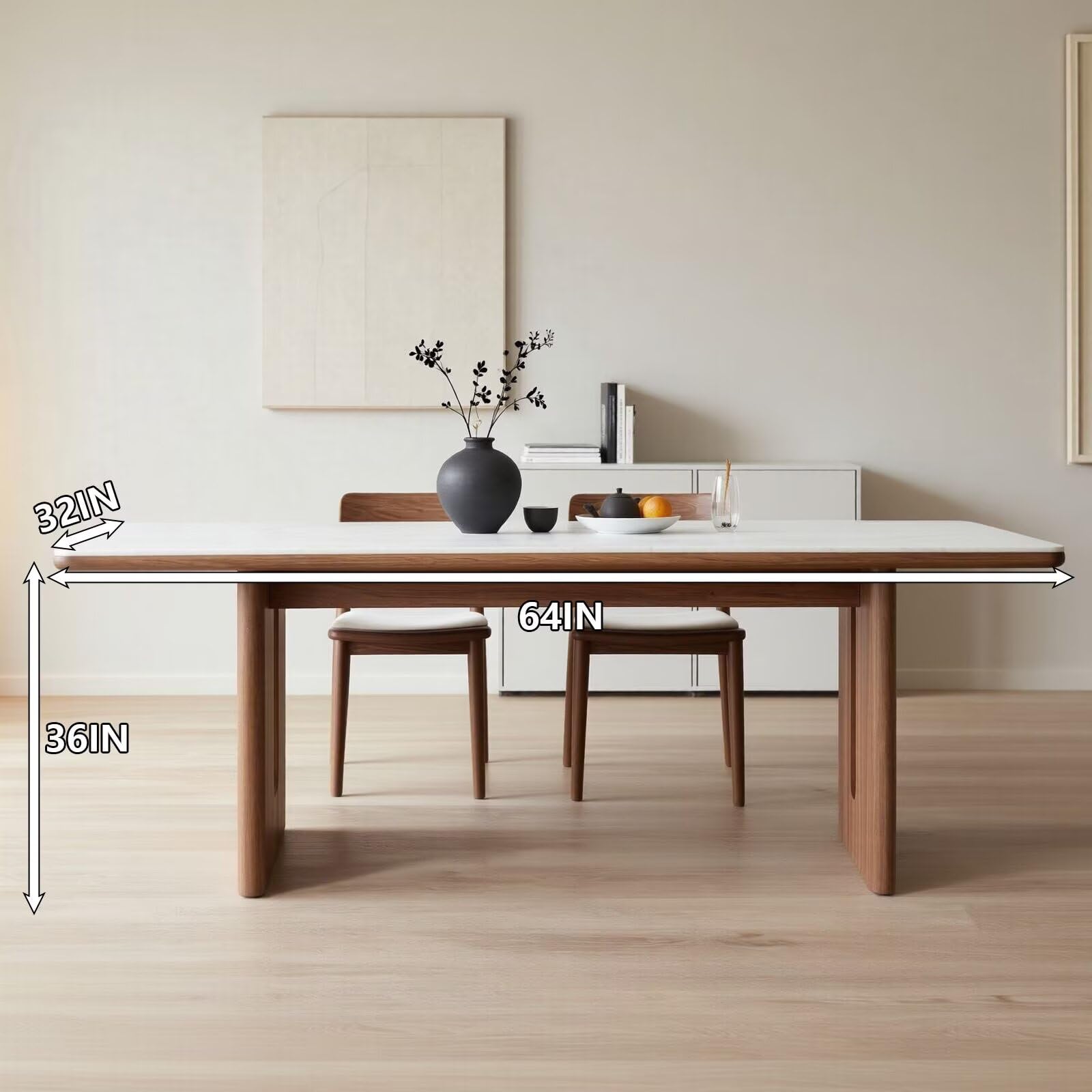 60"-80"Mid-Century Modern Dining Table with Marble Top & Walnut Legs, Minimalist