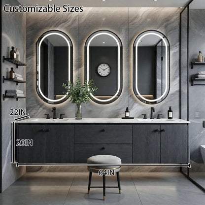 60"-96"Dark Wood Floating Bathroom Vanity with Double Sinks & LED Oval Mirrors