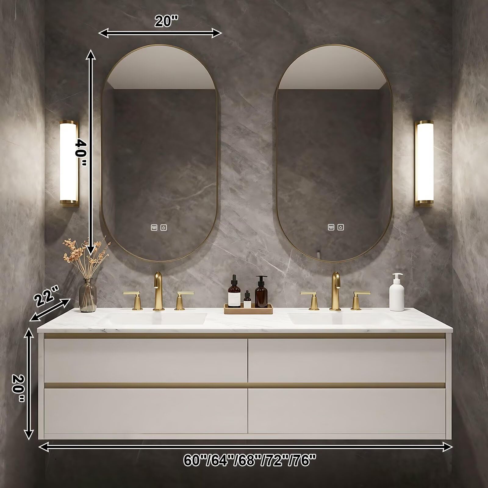 60”-84”Double Sink Floating Bathroom Vanity, White & Gold Cabinet with Arch LED Mirrors