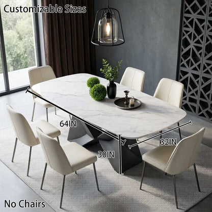 56"-96"White Marble Oval Dining Table, Modern Table with Geometric Metal Base for Kitchen