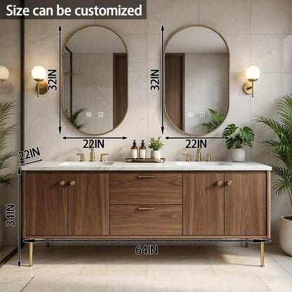 64"-84"Modern Walnut Bathroom Vanity Set with Marble Top & Gold Legs