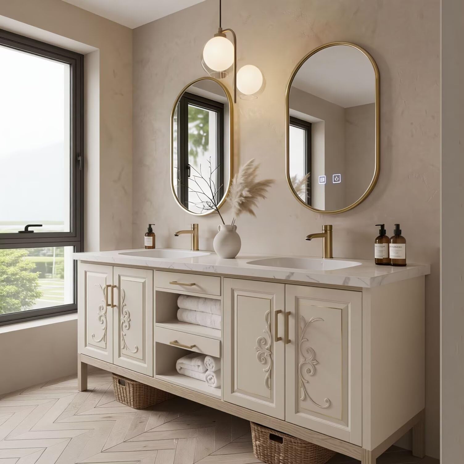 60"-96"Traditional Bathroom Vanity with Marble Top, Carved Doors & Storage