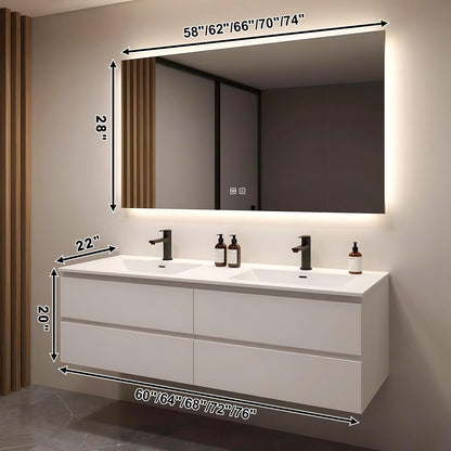 60”-84”Double Sink Floating Bathroom Vanity, All-White Modern Cabinet with Backlit LED Mirror