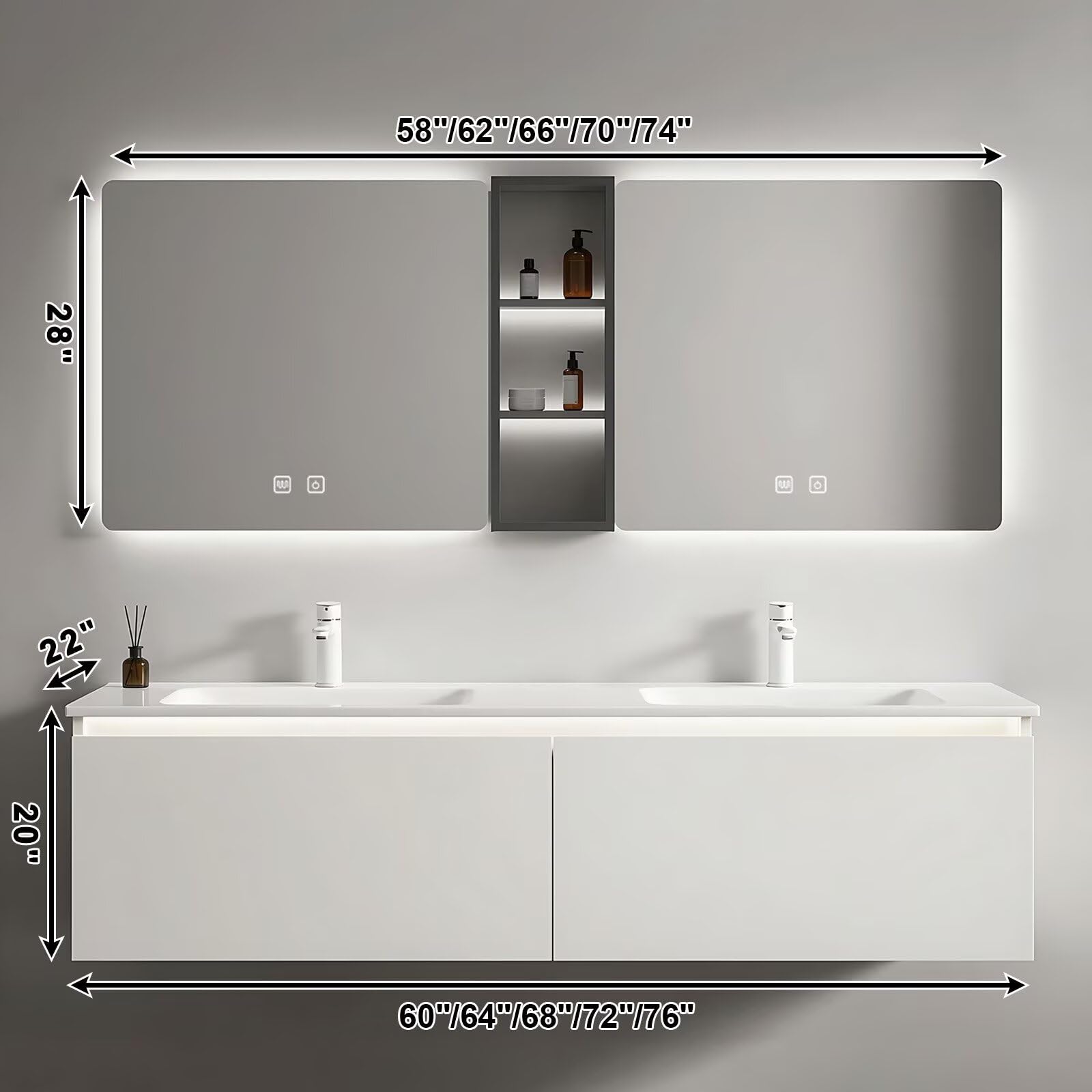 60”-84” Double Sink Floating Bathroom Vanity with LED Mirrors & Open Shelf, Wall Mounted White Vanity with Integrated Top