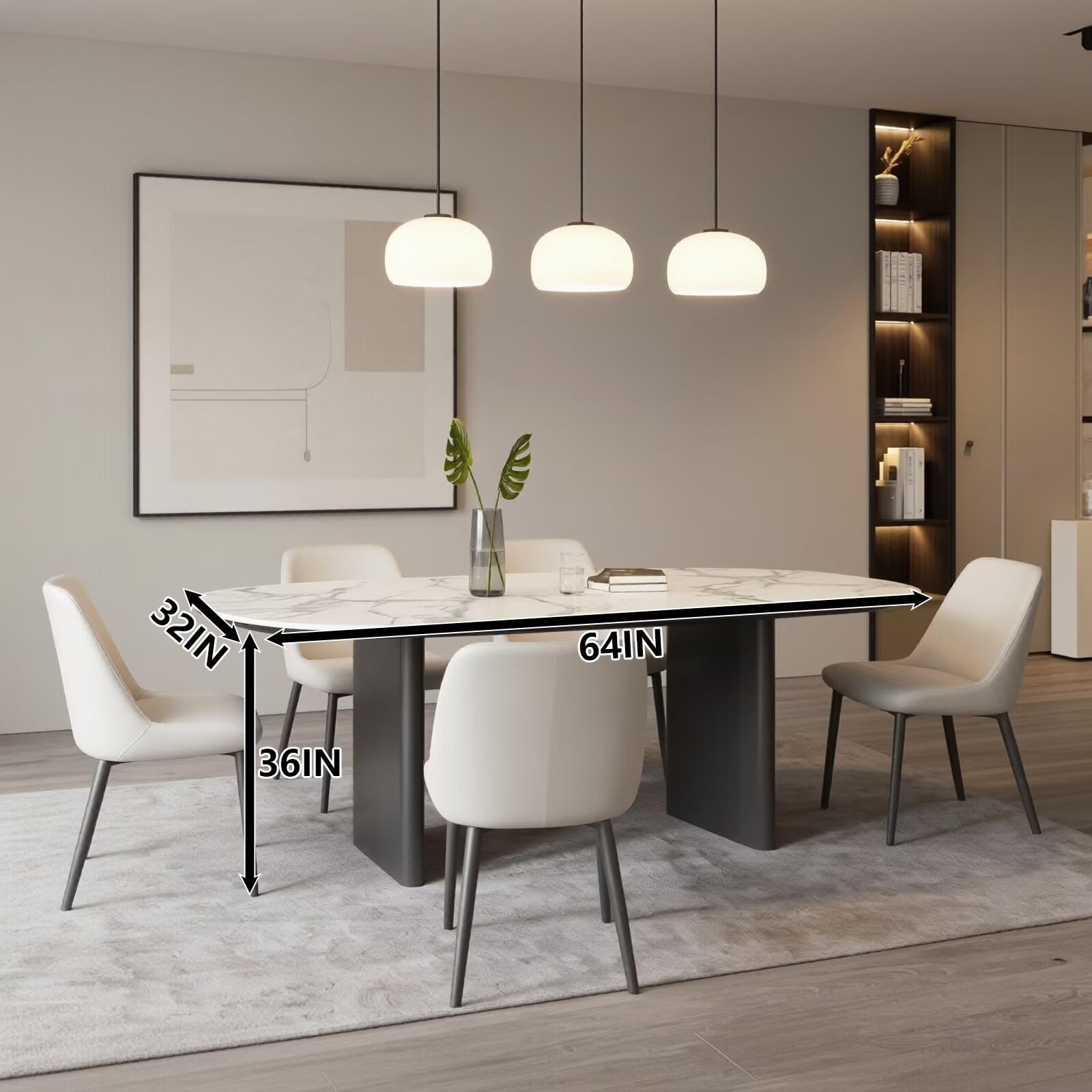 60"-80"Modern Oval Dining Table, White Marble Top with Matte Black Legs for Dining Room