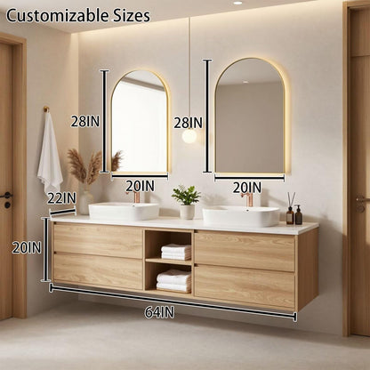 60"-96"Modern Wall-Mounted Bathroom Vanity with Open Shelves & Rose Gold Hardware