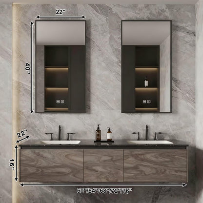 60”-84”Double Sink Floating Bathroom Vanity, Dark Wood Cabinet with LED Lighted Mirror Cabinets