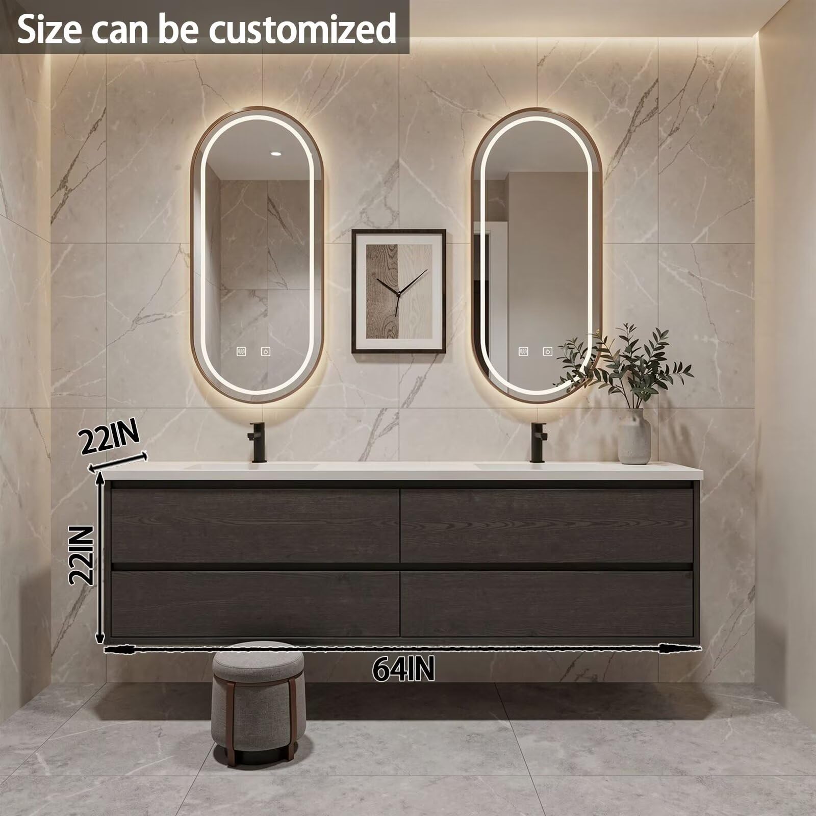 60”-84”Double Sink Floating Bathroom Vanity with Oval LED Mirrors, Dark Gray Wood Cabinet