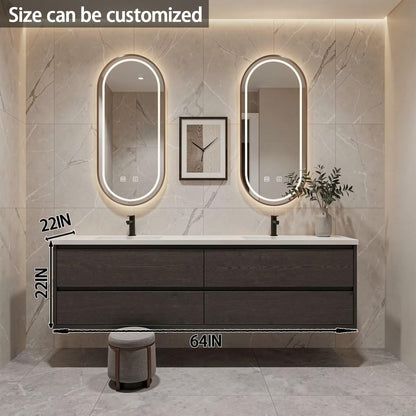 60”-84”Double Sink Floating Bathroom Vanity with Oval LED Mirrors, Dark Gray Wood Cabinet