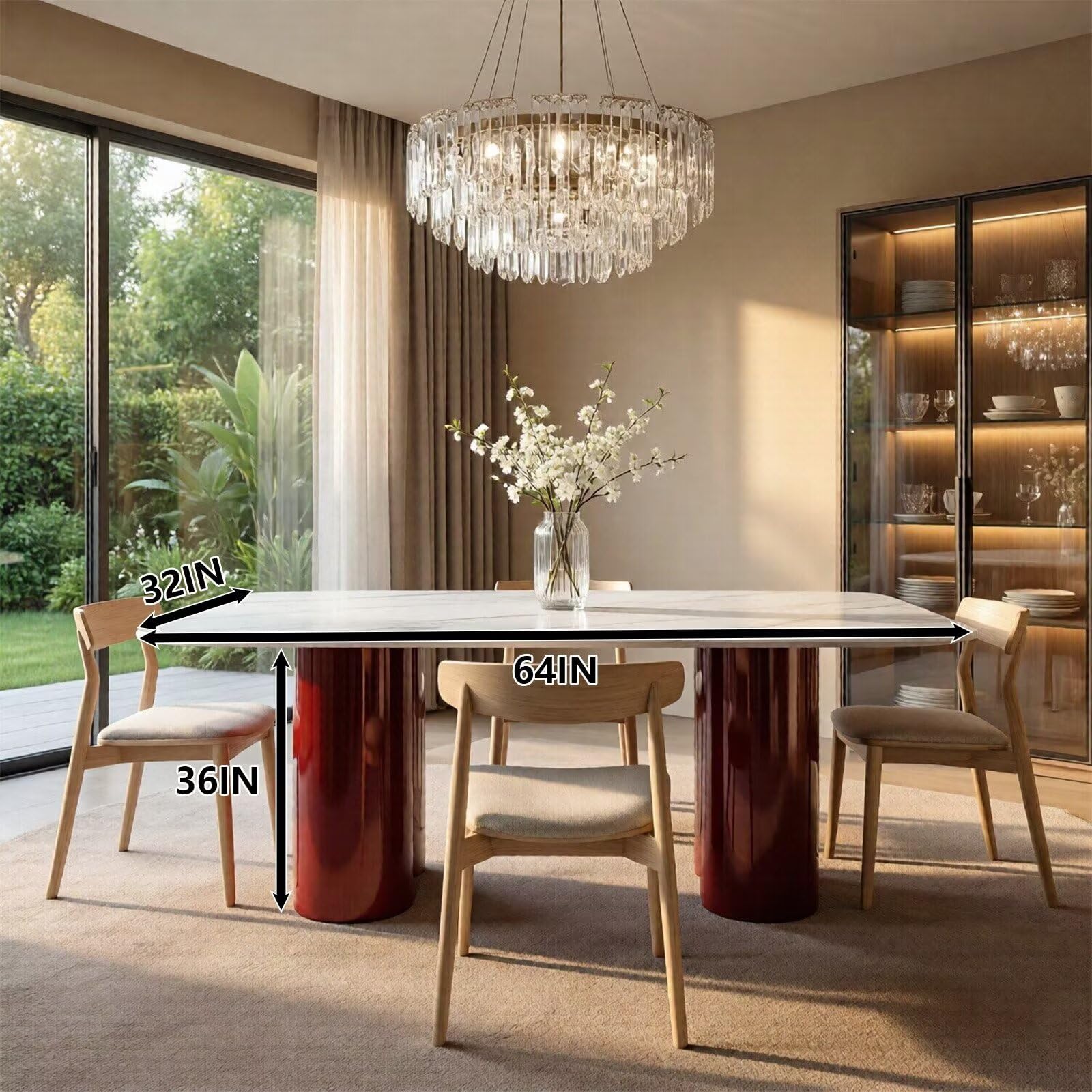 60"-80"Modern Rectangular Dining Table, White Marble Top with Glossy Red Cylindrical Base