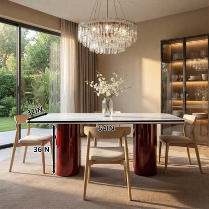 60"-80"Modern Rectangular Dining Table, White Marble Top with Glossy Red Cylindrical Base