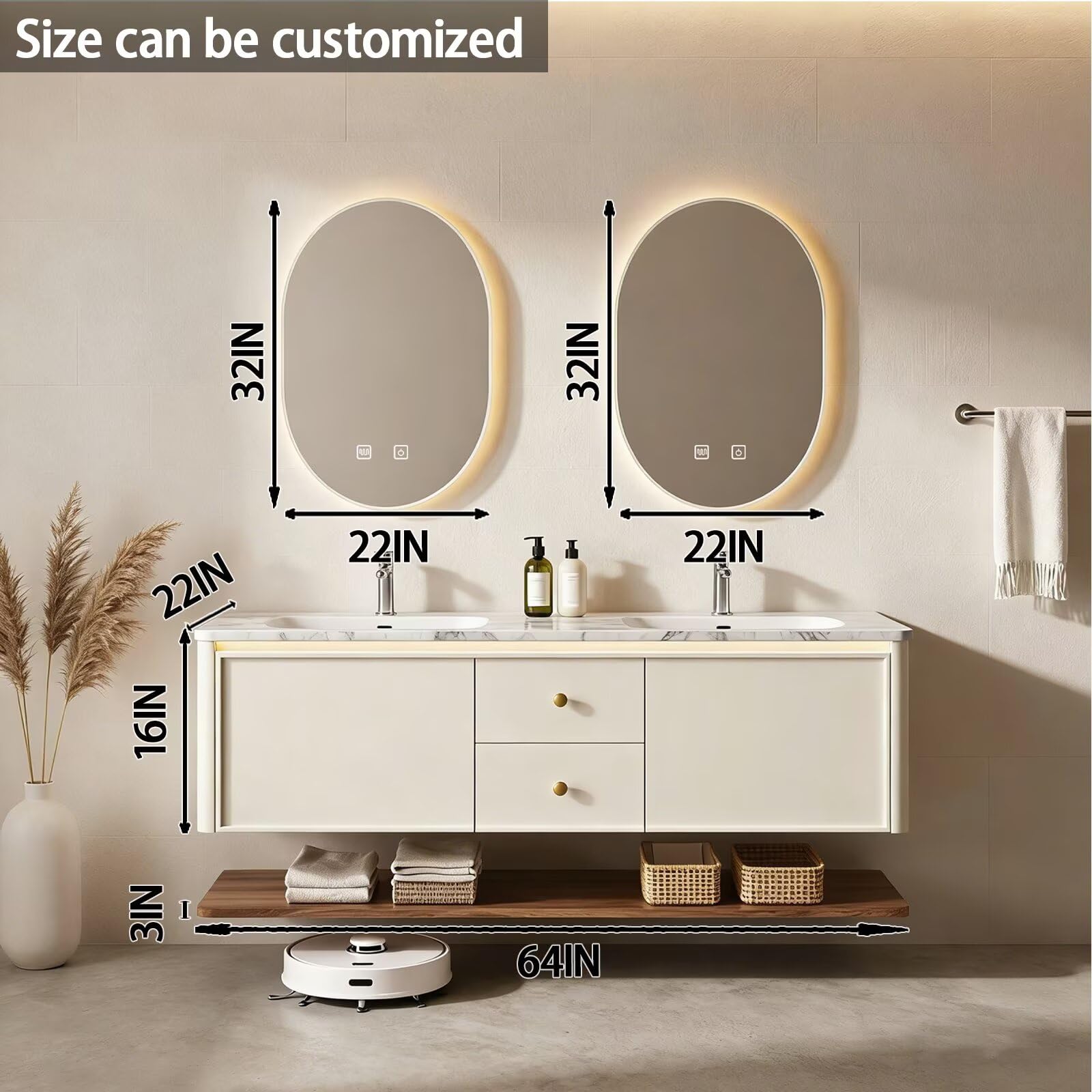 60"-84"Modern Cream Floating Bathroom Vanity Set with Marble Top & Open Shelf