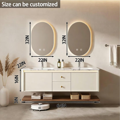 60"-84"Modern Cream Floating Bathroom Vanity Set with Marble Top & Open Shelf