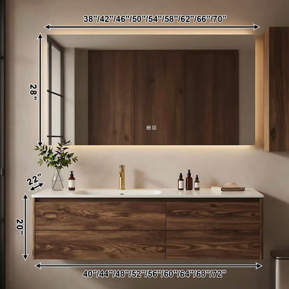 40”-72”Floating Bathroom Vanity with Sink & LED Defog Mirror, Wall Mounted Walnut Wood Vanity with Storage Drawers, Modern Bathroom Cabinet