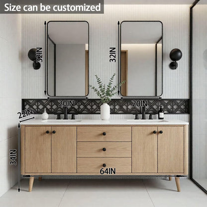60"-96"Mid-Century Modern Vanity with Marble Top & Black Hardware & Tapered Legs