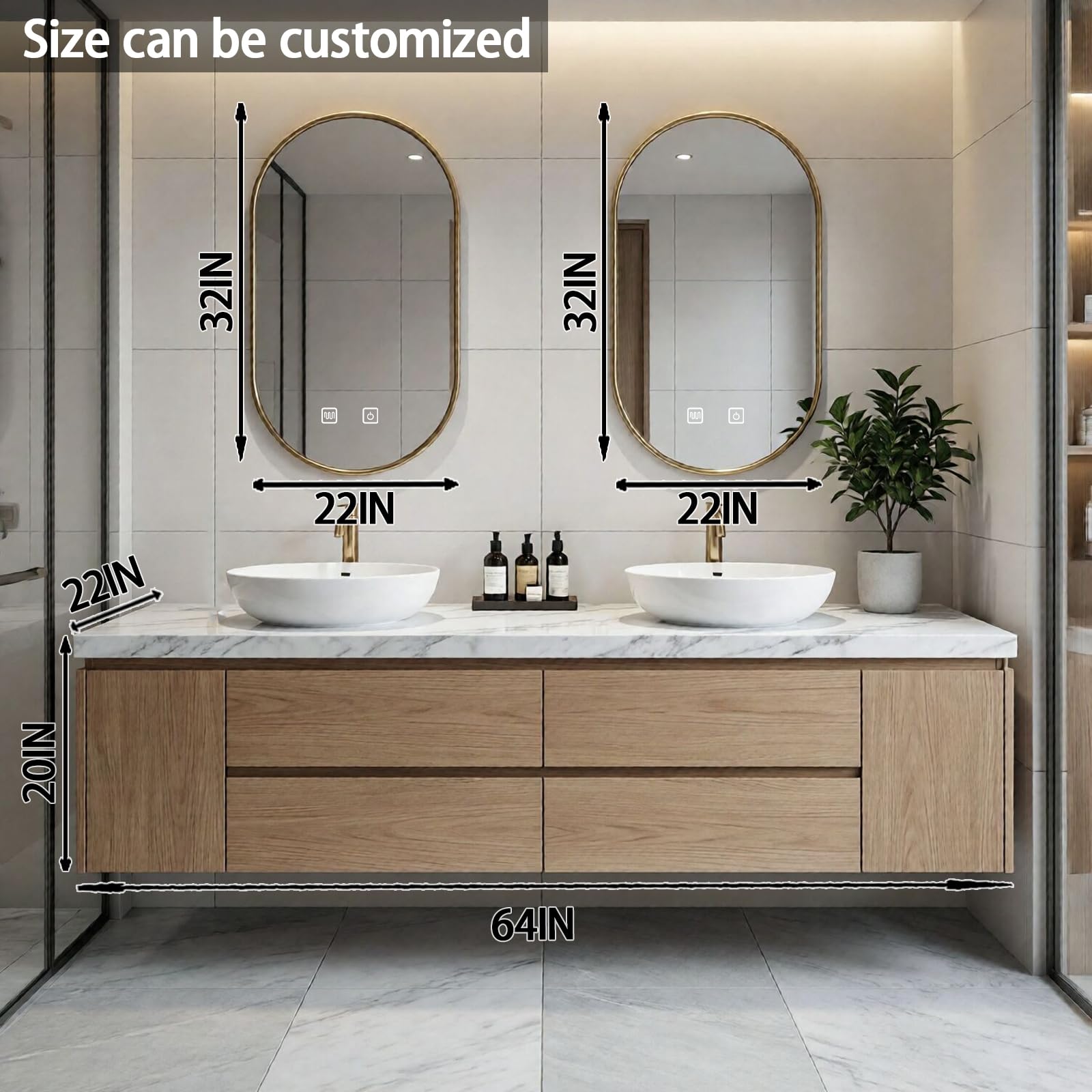 60"-84"Floating Oak Bathroom Vanity with Marble Top & Oval Gold LED Mirrors