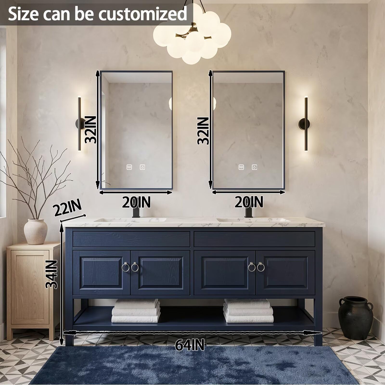 60”-84” Double Vanity, Navy Blue Cabinet with Marble Top & Black Metal Mirrors