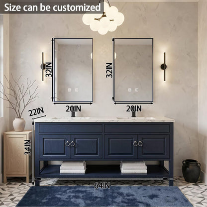 60”-84” Double Vanity, Navy Blue Cabinet with Marble Top & Black Metal Mirrors