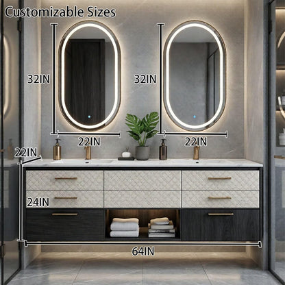 60"-96"Modern Floating Bathroom Vanity with Double Sinks & LED Oval Mirrors