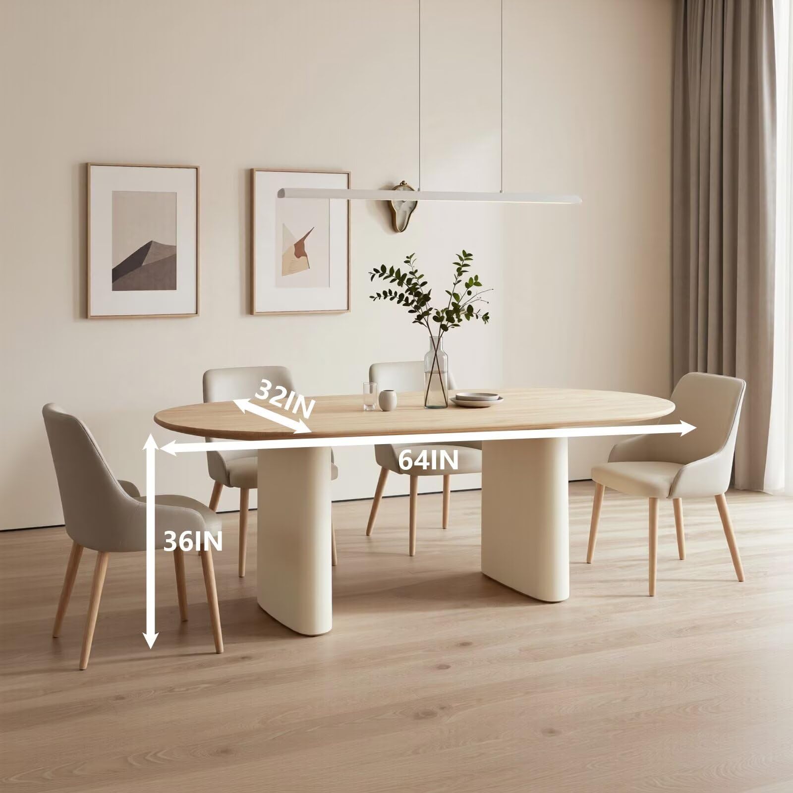 60"-80"Modern Oval Dining Table with Light Wood Top & Cream Base, Seats 4-6