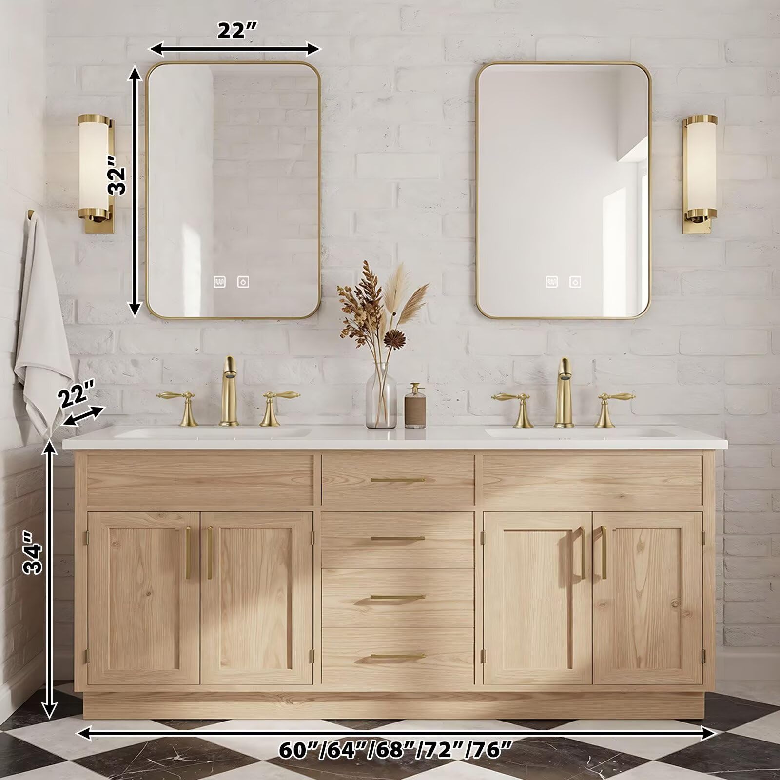60”-96” Double Sink Freestanding Bathroom Vanity with 2 Gold LED Mirrors, Light Oak Wood Vanity with White Marble Top