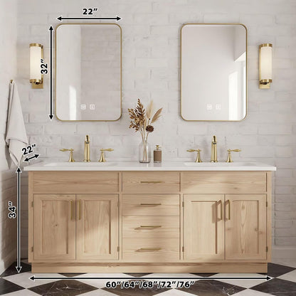 60”-96” Double Sink Freestanding Bathroom Vanity with 2 Gold LED Mirrors, Light Oak Wood Vanity with White Marble Top