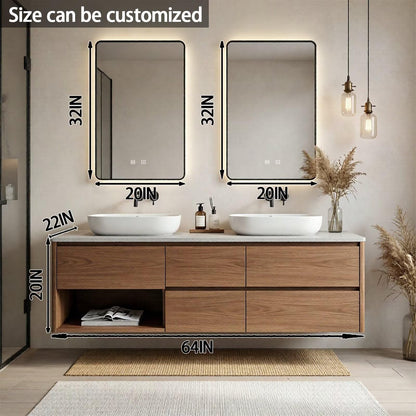 60"-84"Modern Floating Walnut Bathroom Vanity with Stone Top & Open Shelf