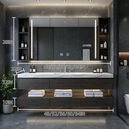 48"-64"Floating Dark Wood Bathroom Vanity with Marble Top & LED Medicine Cabinet