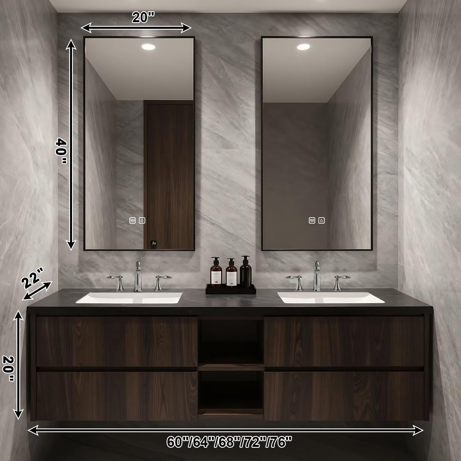 60”-84”Double Sink Floating Bathroom Vanity, Dark Walnut Cabinet with Open Shelf & LED Mirrors