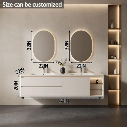 60"-84"Wall Mounted White Bathroom Vanity with Double Sinks & Open Shelf Storage