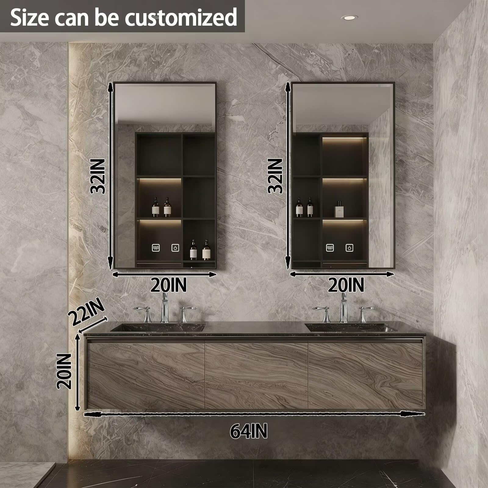 60"-84"Luxury Modern Bathroom Vanity with Black Stone Top & Smart Storage Mirrors